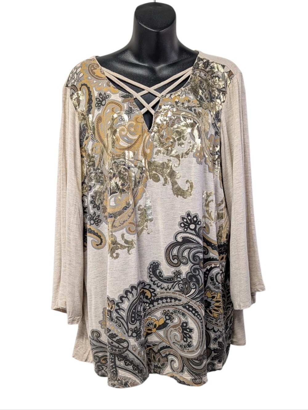 Westport Womens Plus 2X Beige Paisley V-Neck Strappy Metallic 3/4 Tunic Top